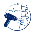 Blue massage gun used on a spine, with heartbeat line and circular design.