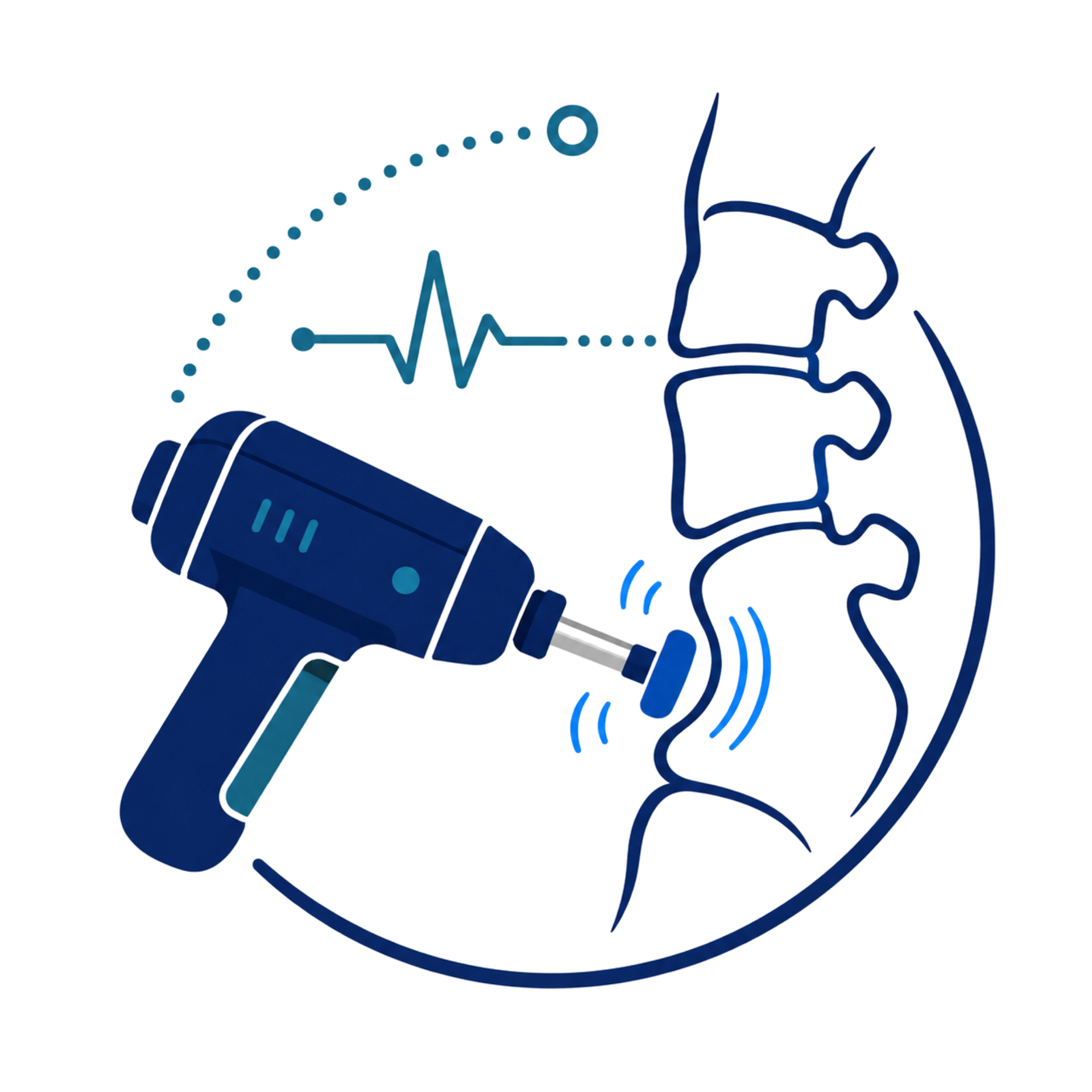 Blue massage gun used on a spine, with heartbeat line and circular design.