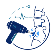 Blue massage gun on a spine outline with pulse line, suggesting back therapy or pain relief