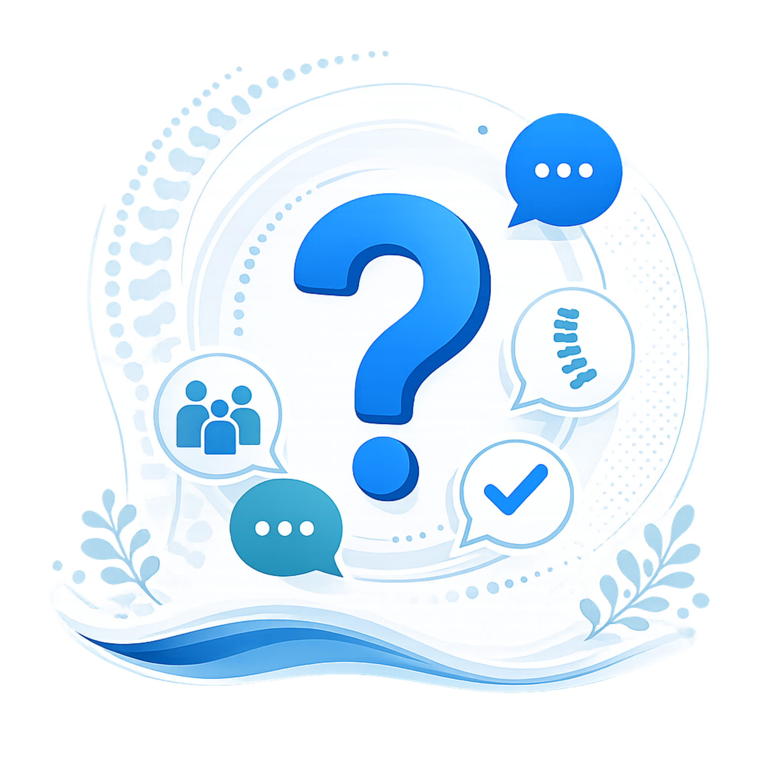 Blue question mark with chat and support icons on a light background