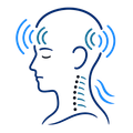 Side view outline of a head with blue sound waves near the ear and neck pain dots