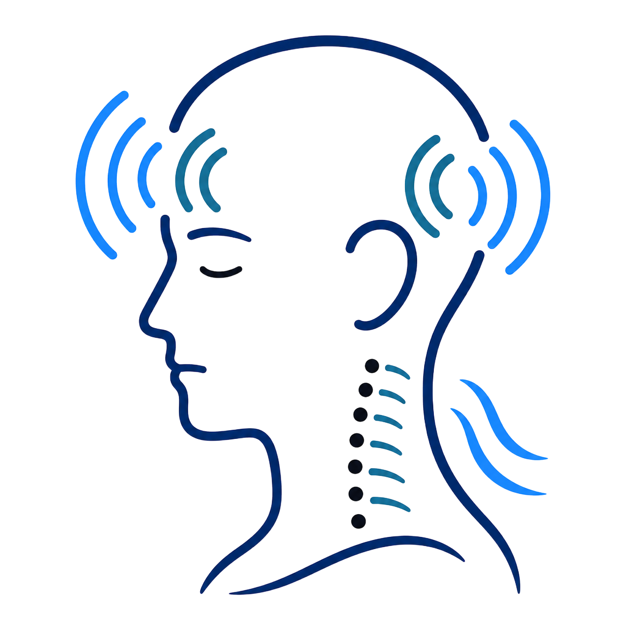 Side view outline of a head with blue sound waves near the ear and neck pain dots