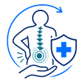 Blue medical icon of a back pain relief figure with spine, shield, and support hand