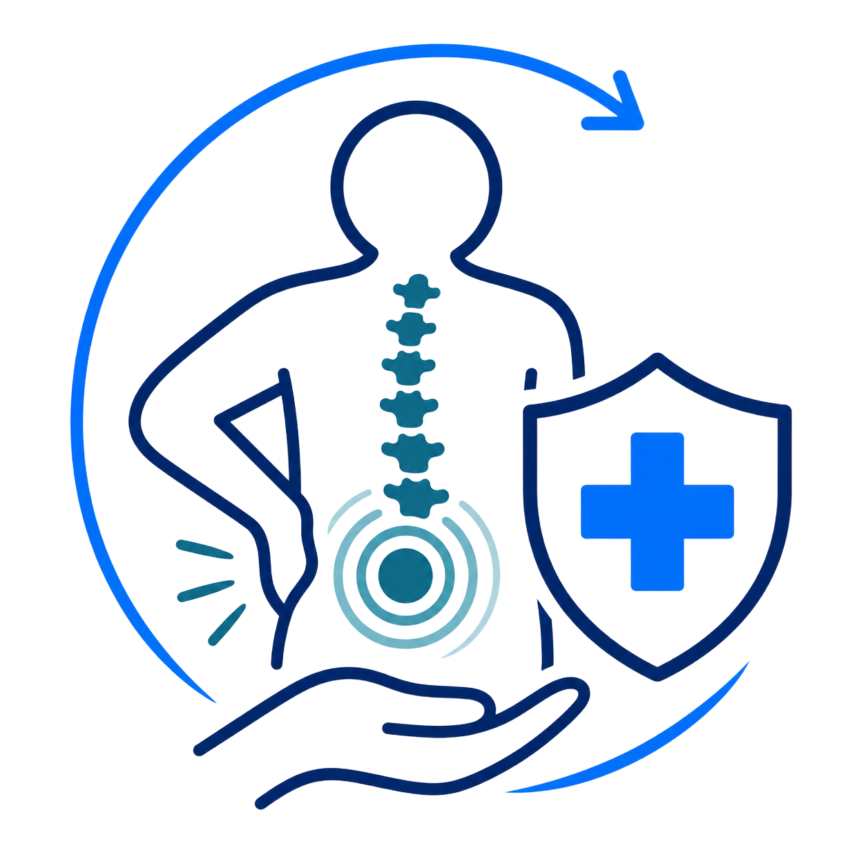 Blue medical icon of a back pain relief figure with spine, shield, and support hand