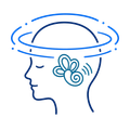 Head profile with a brain and ear icon, surrounded by blue orbital rings, suggesting hearing or thought.