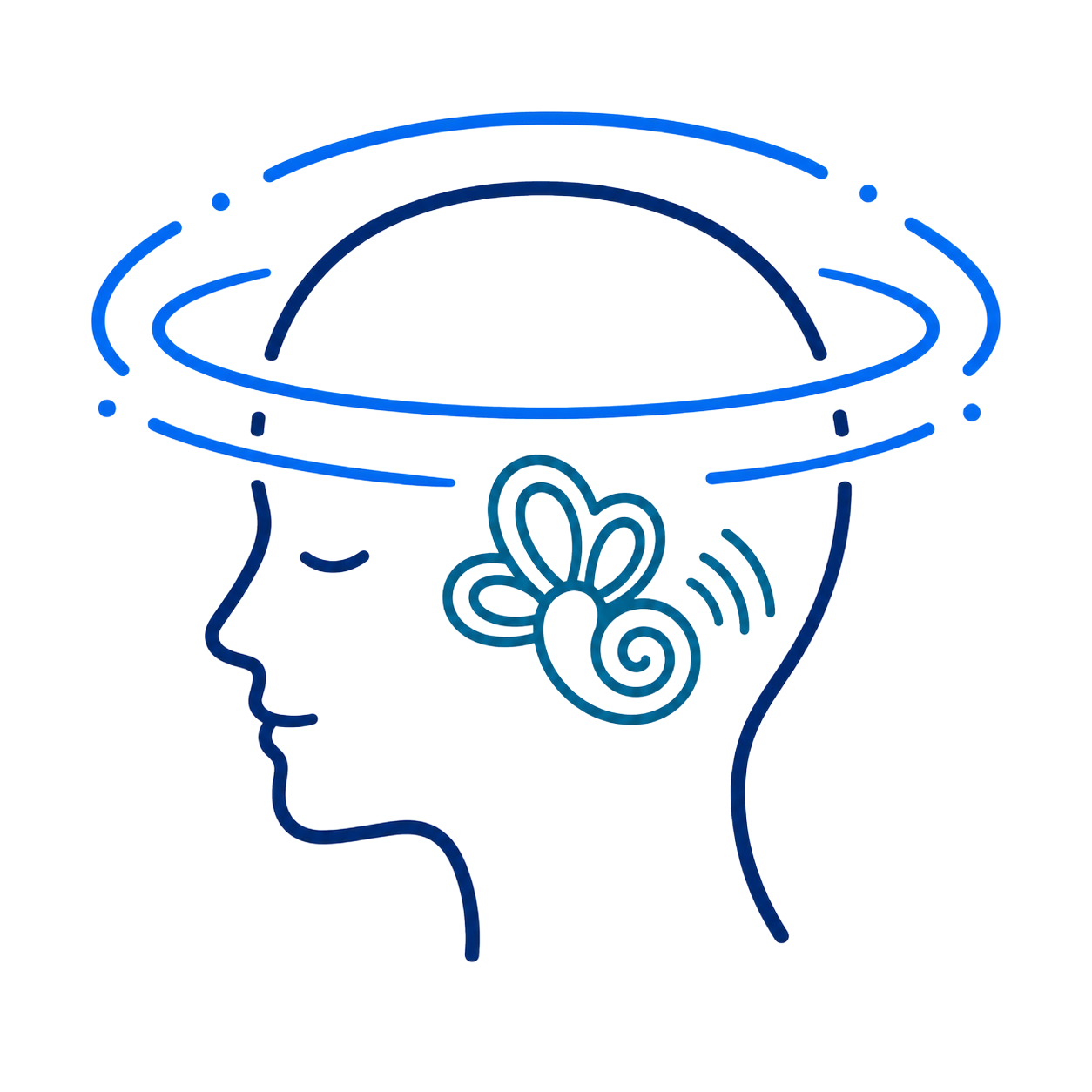 Head profile with a brain and ear icon, surrounded by blue orbital rings, suggesting hearing or thought.