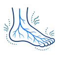Blue line-art illustration of a foot with veins and pain marks, suggesting poor circulation or medical symptoms