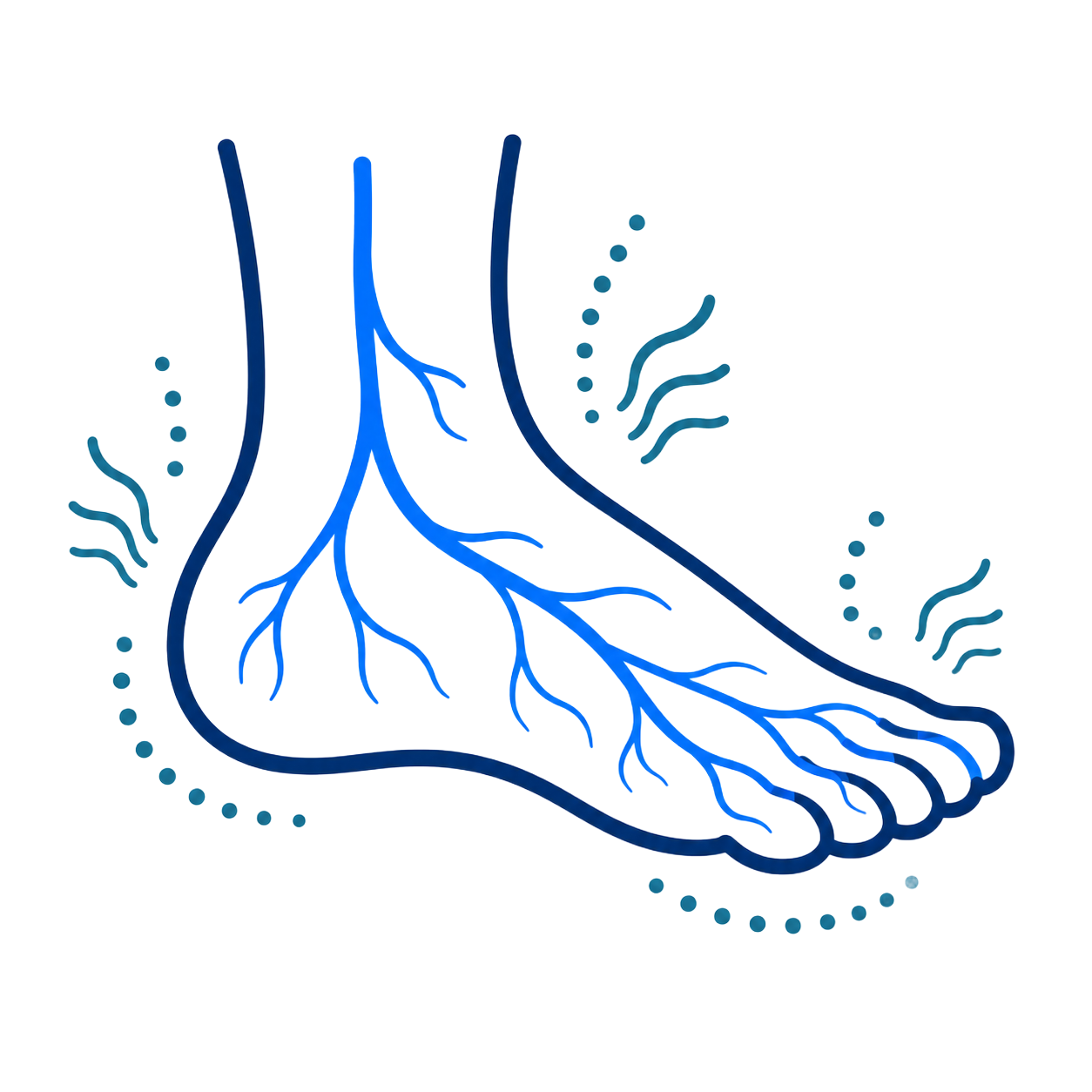 Blue line-art illustration of a foot with veins and pain marks, suggesting poor circulation or medical symptoms