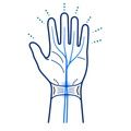 Blue line drawing of an open hand with radiating dots and a central vein-like line