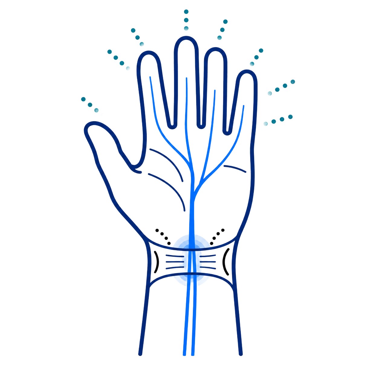 Blue line drawing of an open hand with radiating dots and a central vein-like line