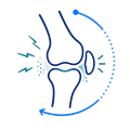 Stylized blue knee joint diagram with pain marks and a circular arrow suggesting movement or therapy