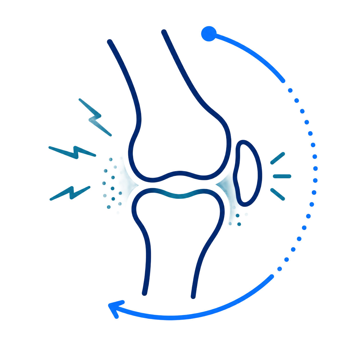 Stylized blue knee joint diagram with pain marks and a circular arrow suggesting movement or therapy