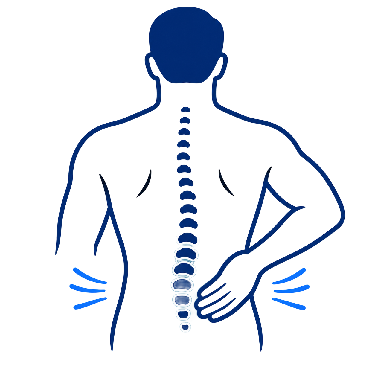 Illustration of a person’s back with a highlighted spine and lower back pain marks