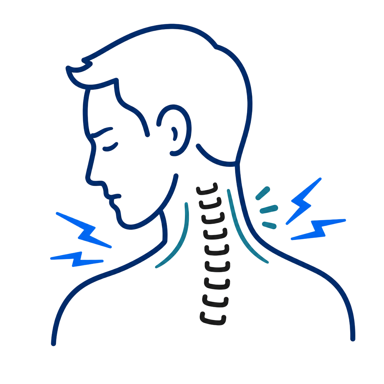 Diagram of neck pain, side-view head and neck with blue pain marks around the shoulders
