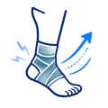 Ankle support brace on a foot with blue motion arrow indicating upward movement