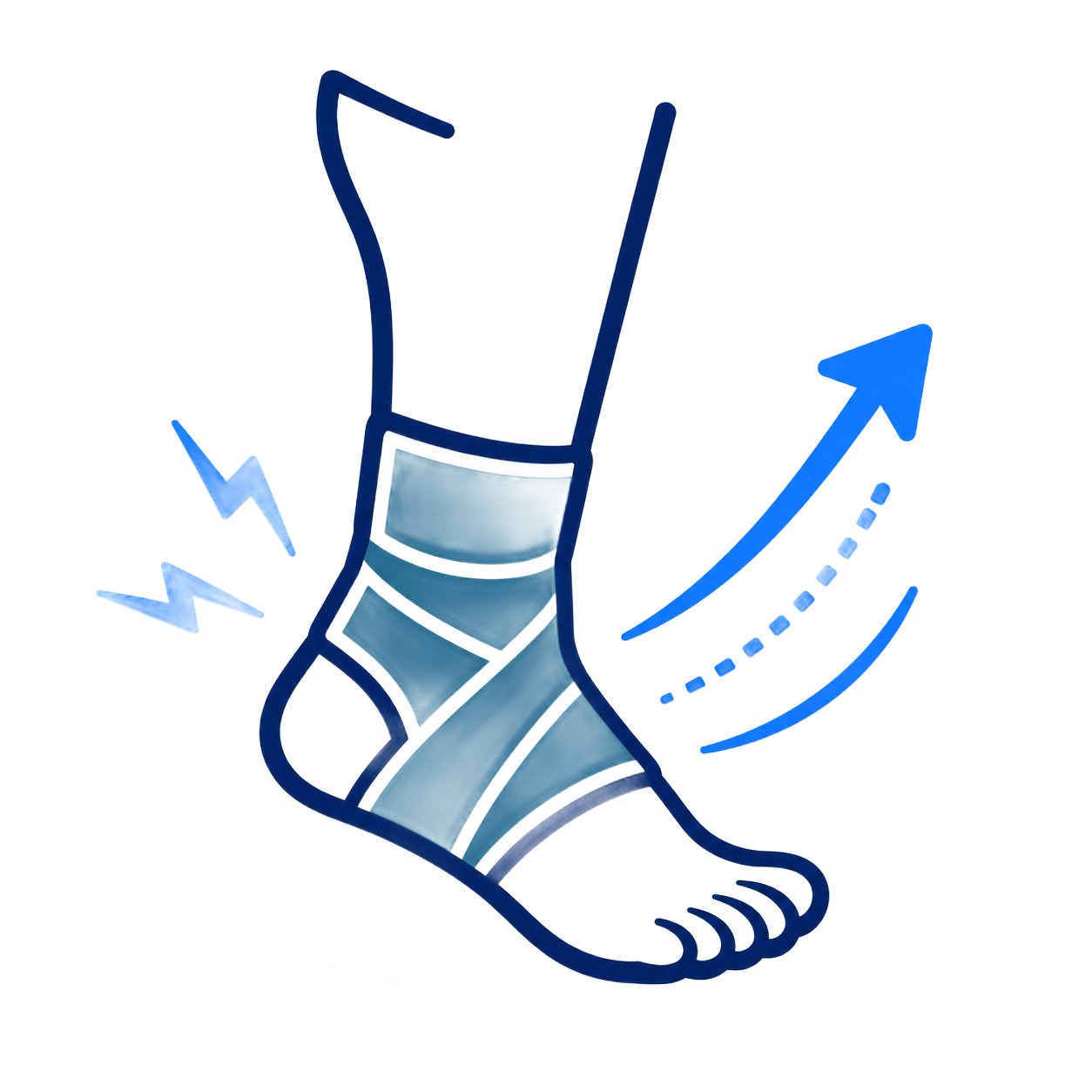 Ankle support brace on a foot with blue motion arrow indicating upward movement