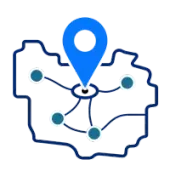 Blue location pin over a network map outline with connected nodes and lines