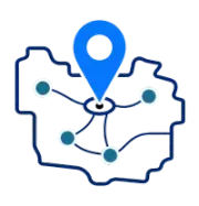 Blue location pin over a network map outline with connected nodes and lines
