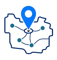 Blue location pin over a network map outline with connected nodes and lines