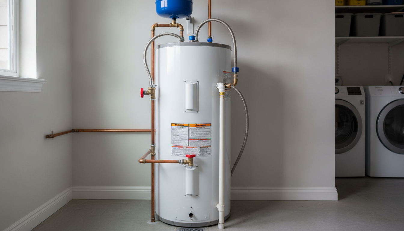 White water heater in a laundry/utility room beside a washer and dryer, with blue expansion tank above.