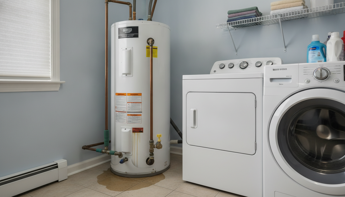 Laundry room with water heater, dryer, and front-loading washing machine beside a window