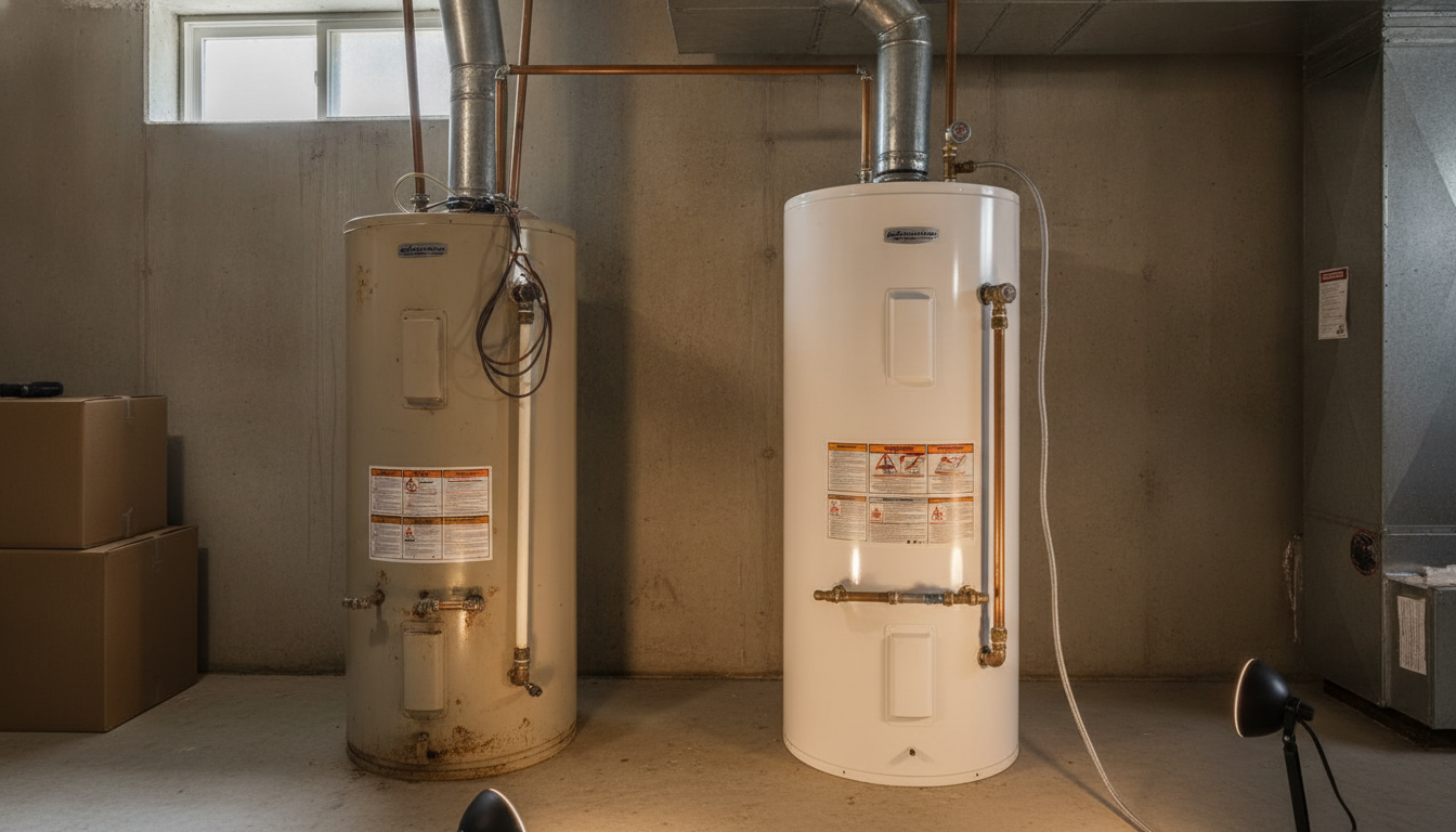 Two water heaters and pipes in a utility basement room
