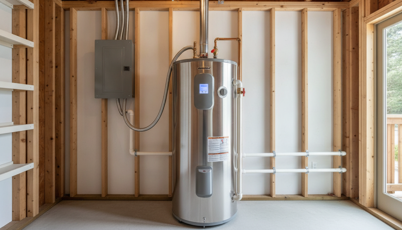 Water heater in unfinished utility room with exposed studs and electrical panel.