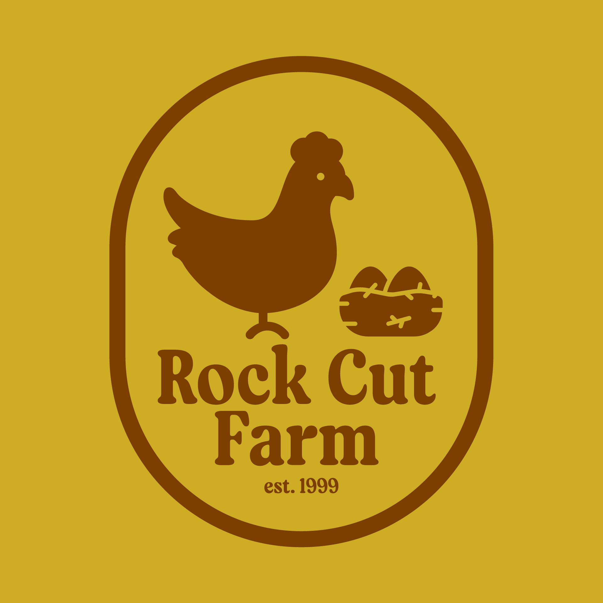 Rock Cut Farm logo with brown chicken, chicks, and text on a yellow background