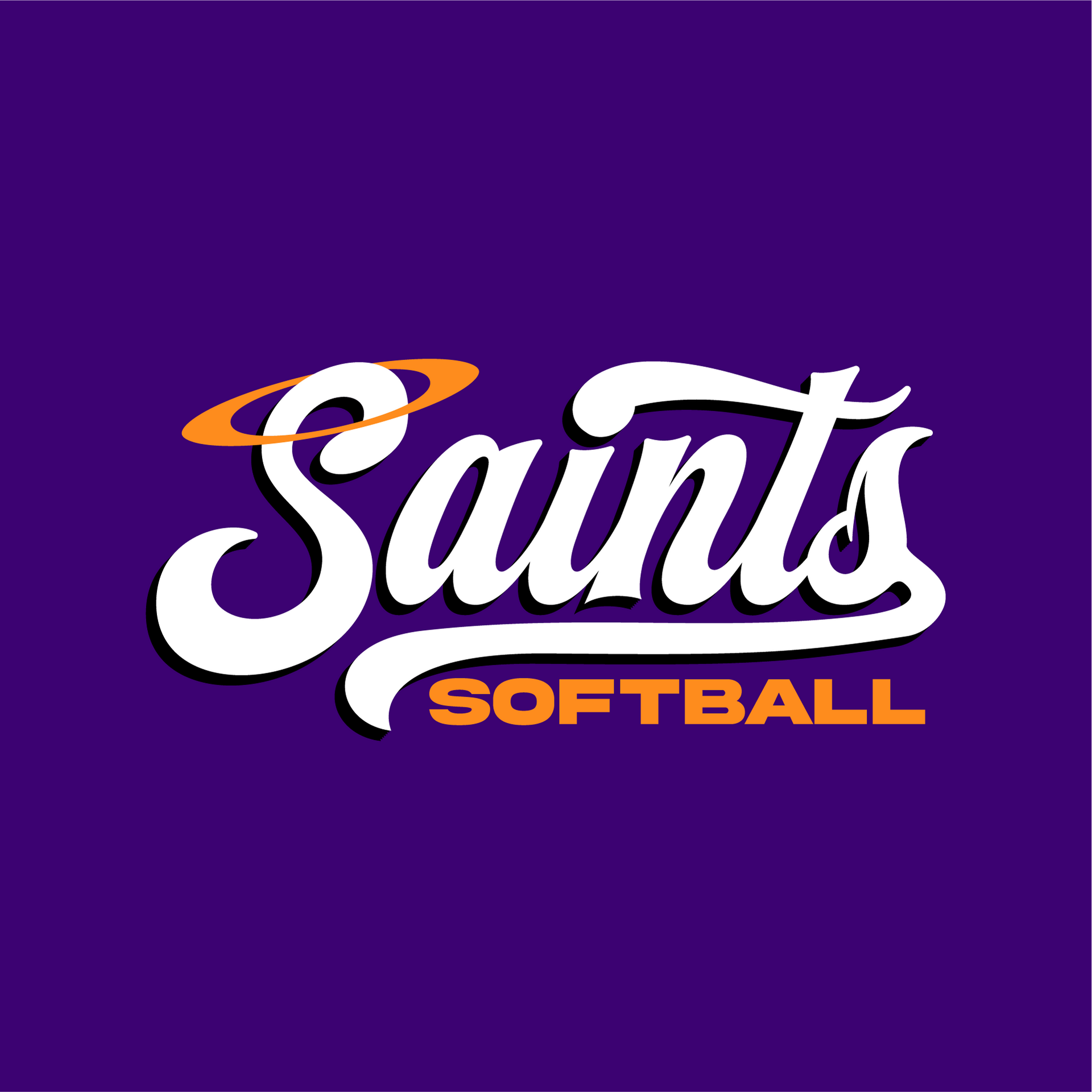Saints Softball logo in white and orange on a purple background