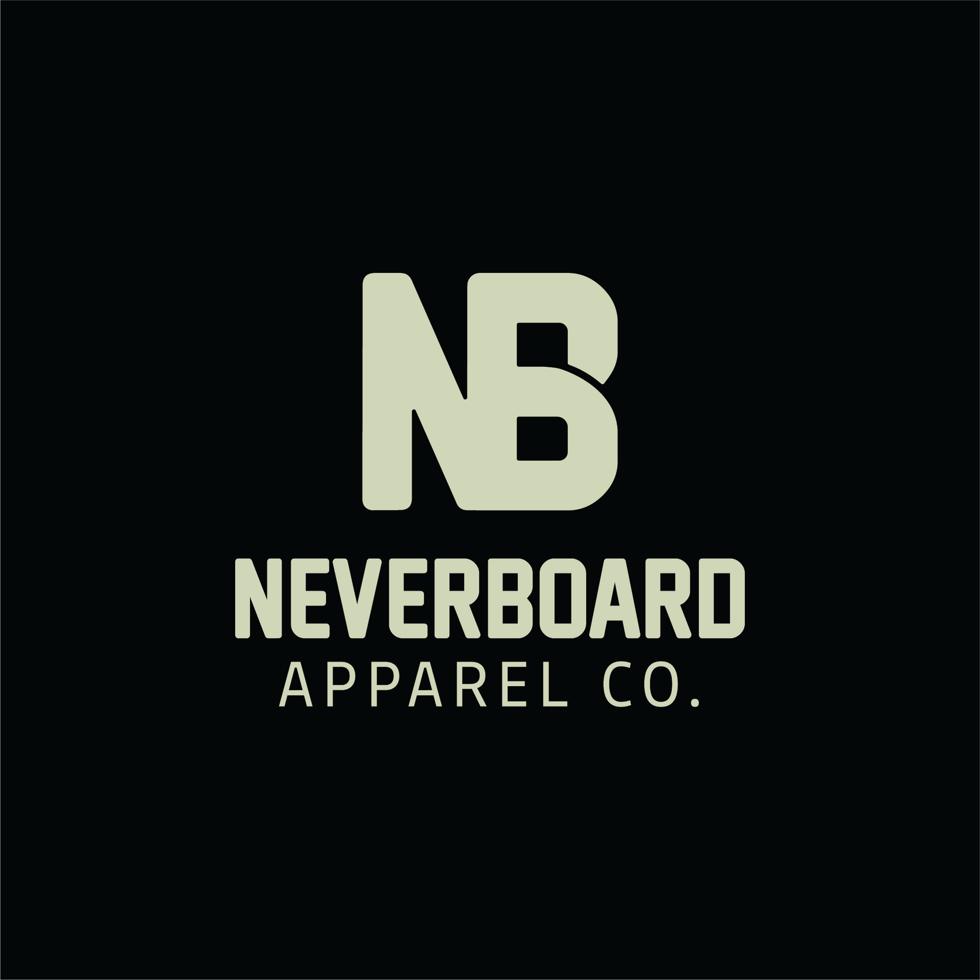 NEVERBOARD Apparel Co. logo in pale green on a black background with NB monogram.