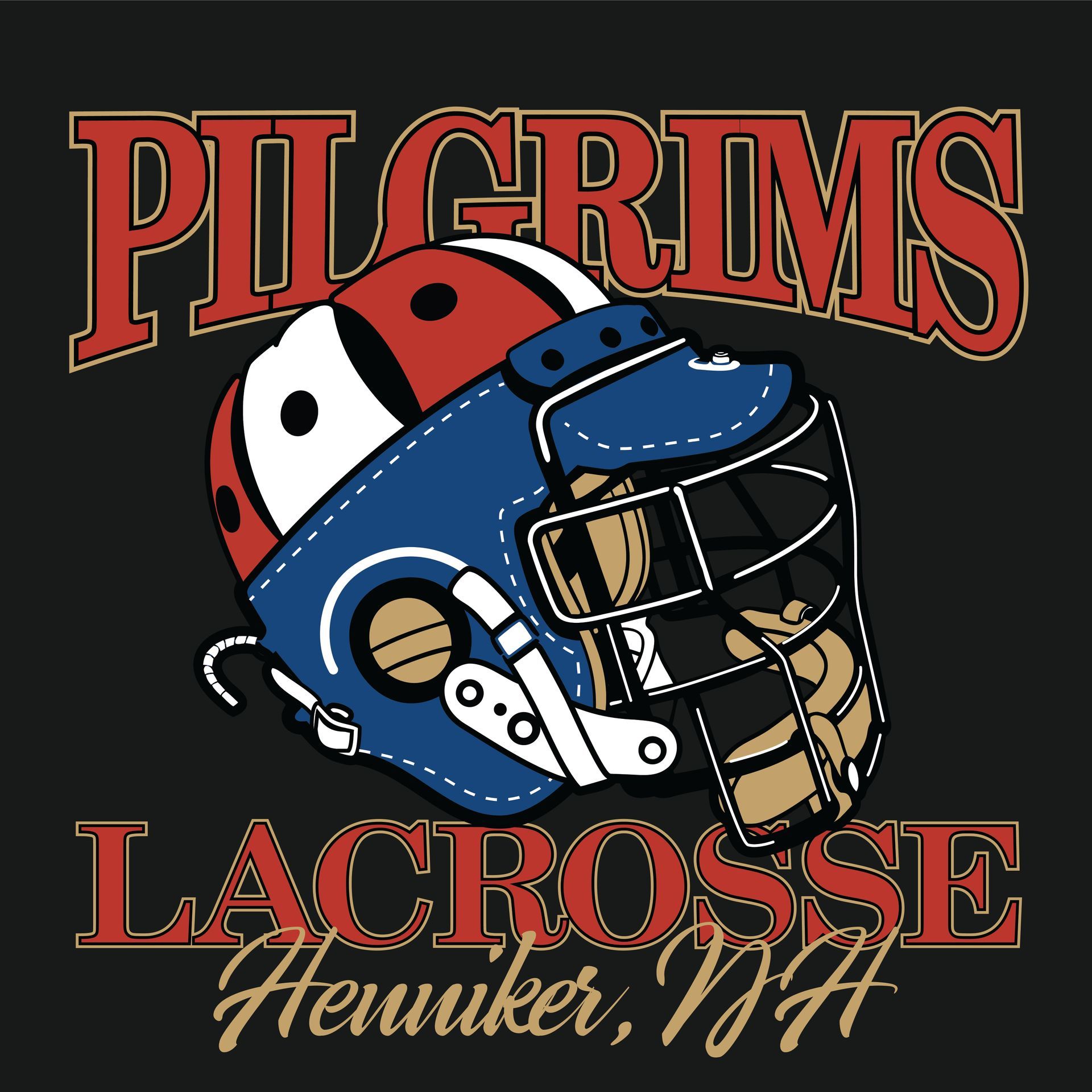 Pilgrims lacrosse logo with red lettering and a blue-red helmet, Hannaker, WA text