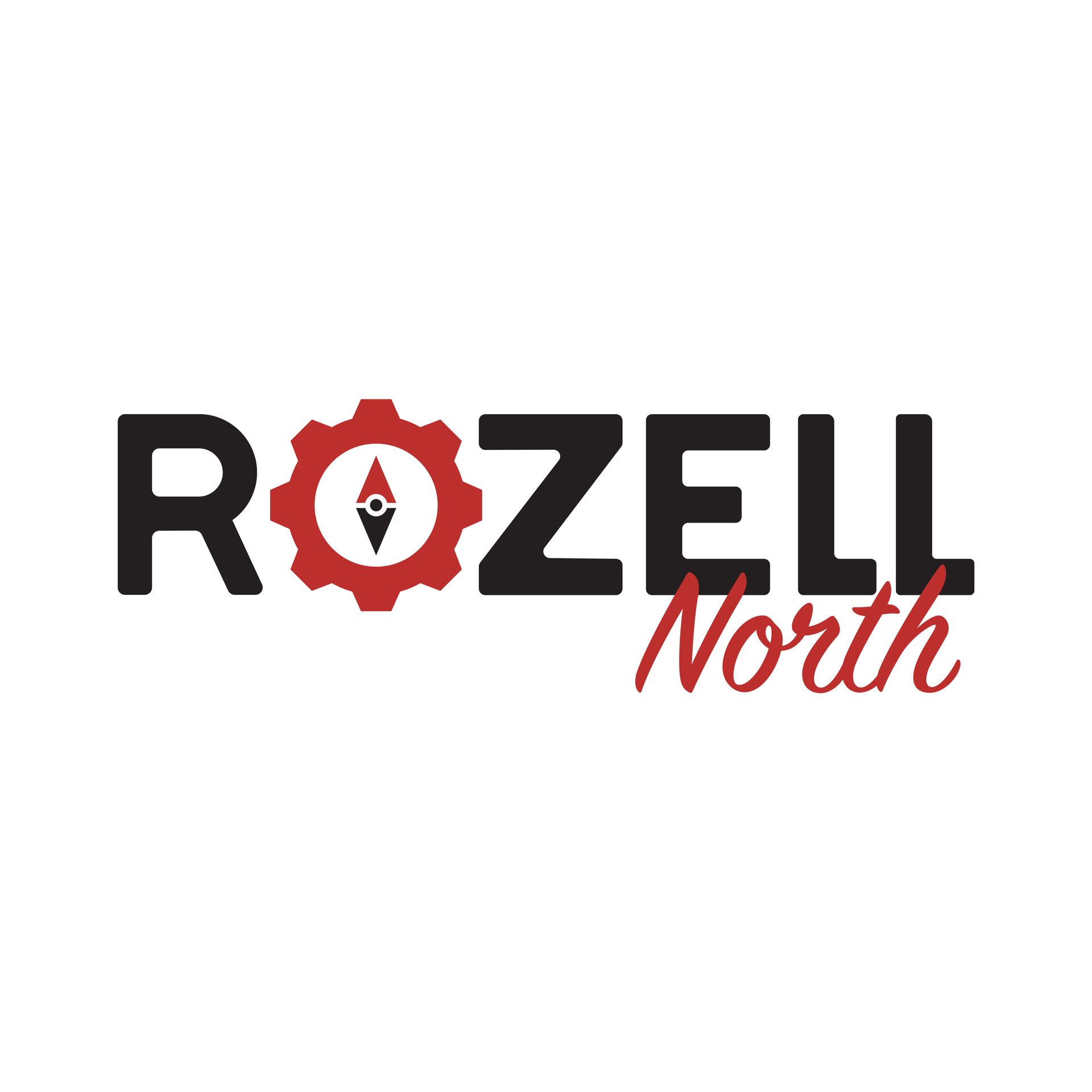 Rozell North logo in black and red with a gear-shaped “O” and compass icon