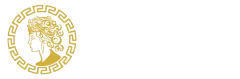 Gold circular emblem with a stylized woman's profile and decorative Greek key border on a white background
