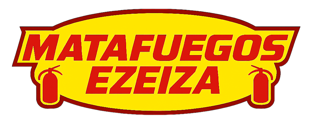 Logotipo con la inscripción “Matafuegos Ezeiza” en rojo y amarillo sobre fondo blanco.