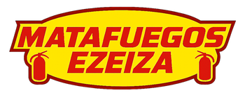 Logotipo con la inscripción “Matafuegos Ezeiza” en rojo y amarillo sobre fondo blanco.