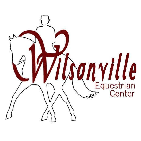 Logo for Wilsonville Equestrian Center, featuring a maroon outline of a person riding a horse.