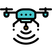 Blue drone with camera emitting signal waves.