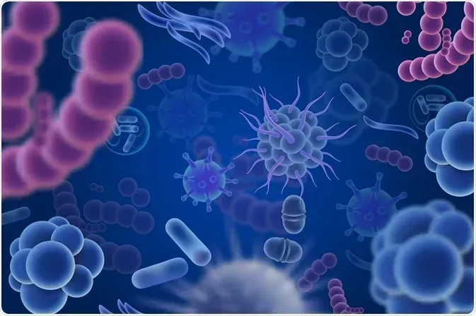 Microscopic view of various bacteria and viruses, mostly blue and purple on a dark blue background.