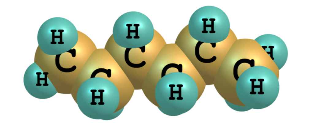 Molecular model of pentane, a chain of five carbon atoms and ten hydrogen atoms.