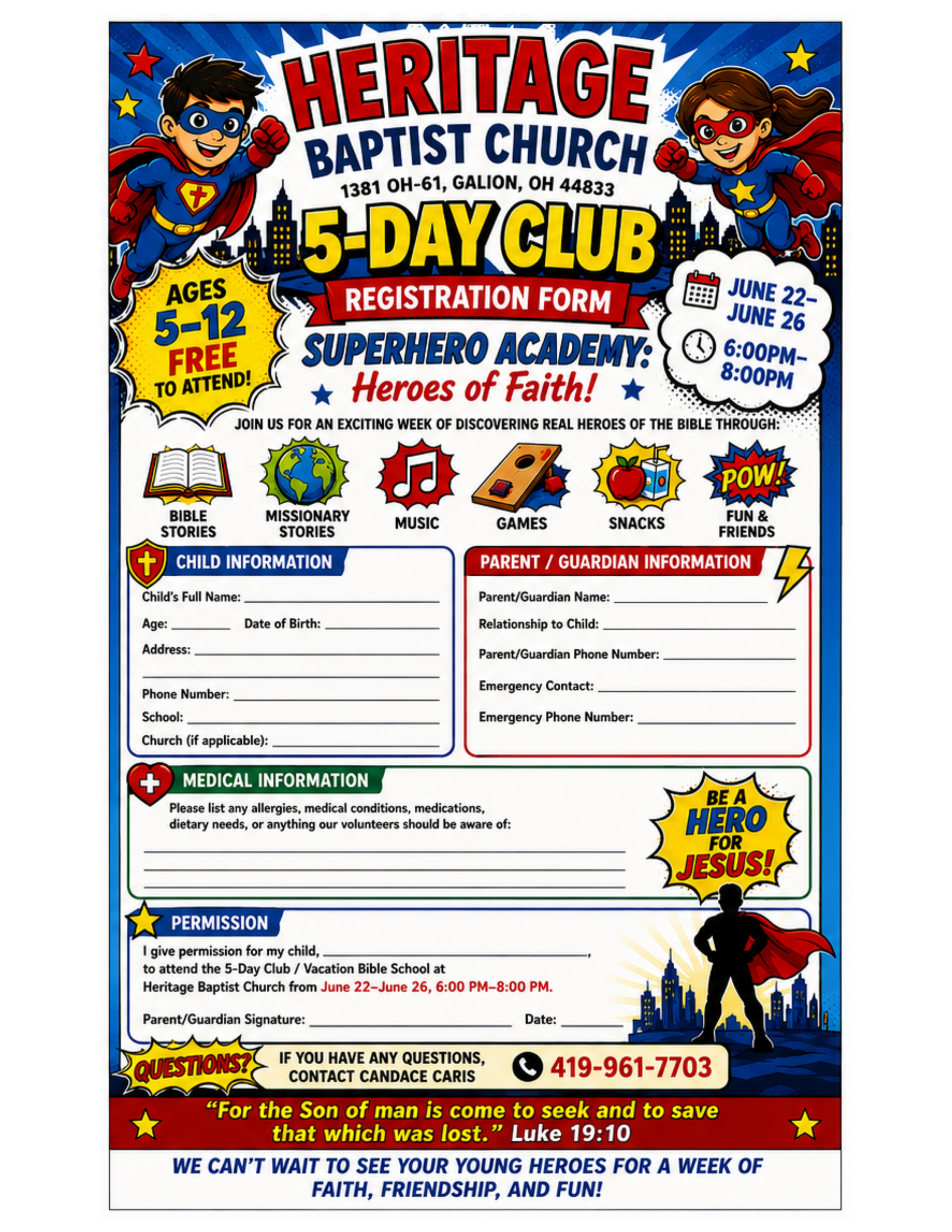 Child Evangelist Fellowship Vacation Bible School Registration Form 
