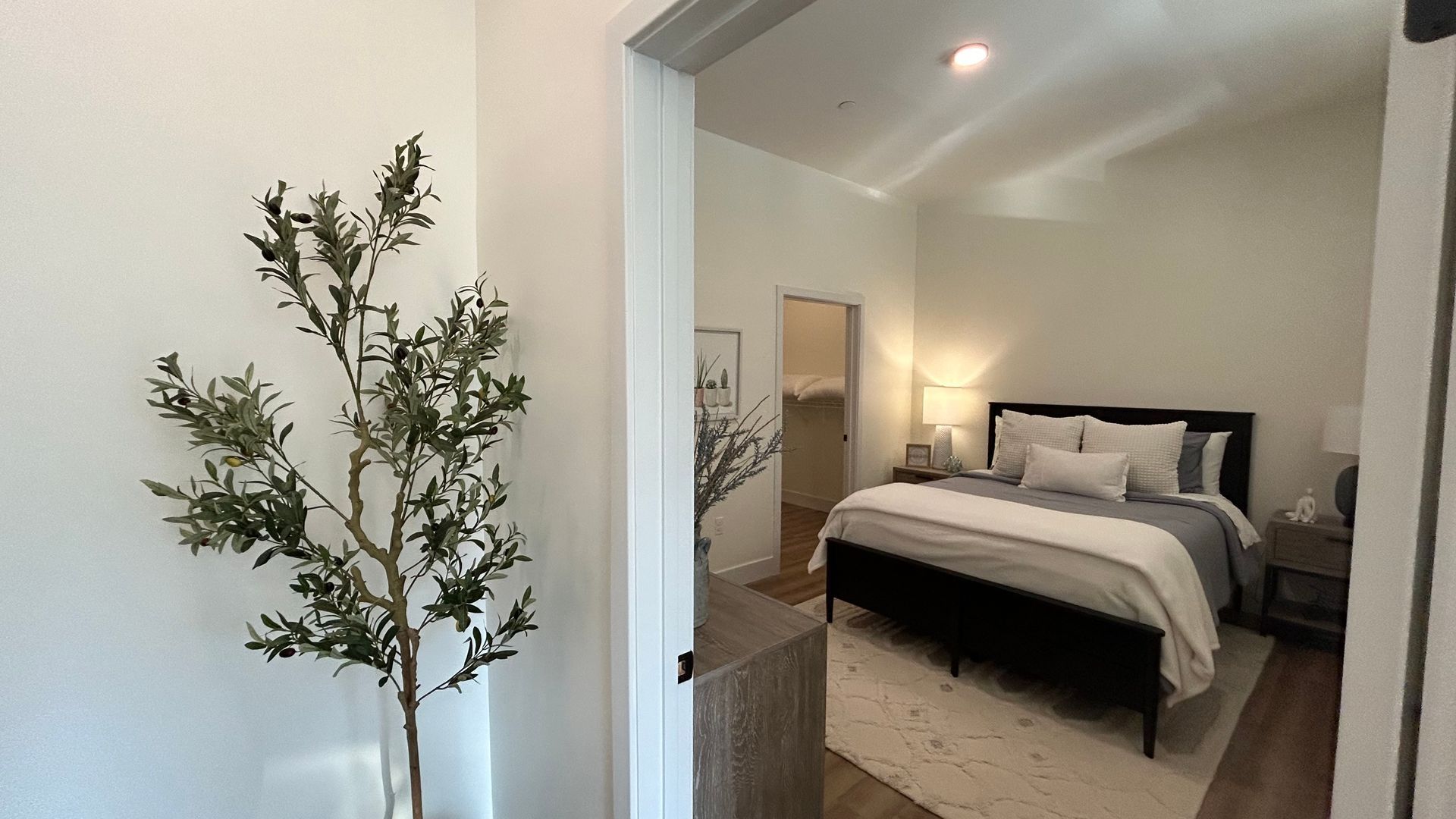 A large bedroom with bright natural light and calming decor