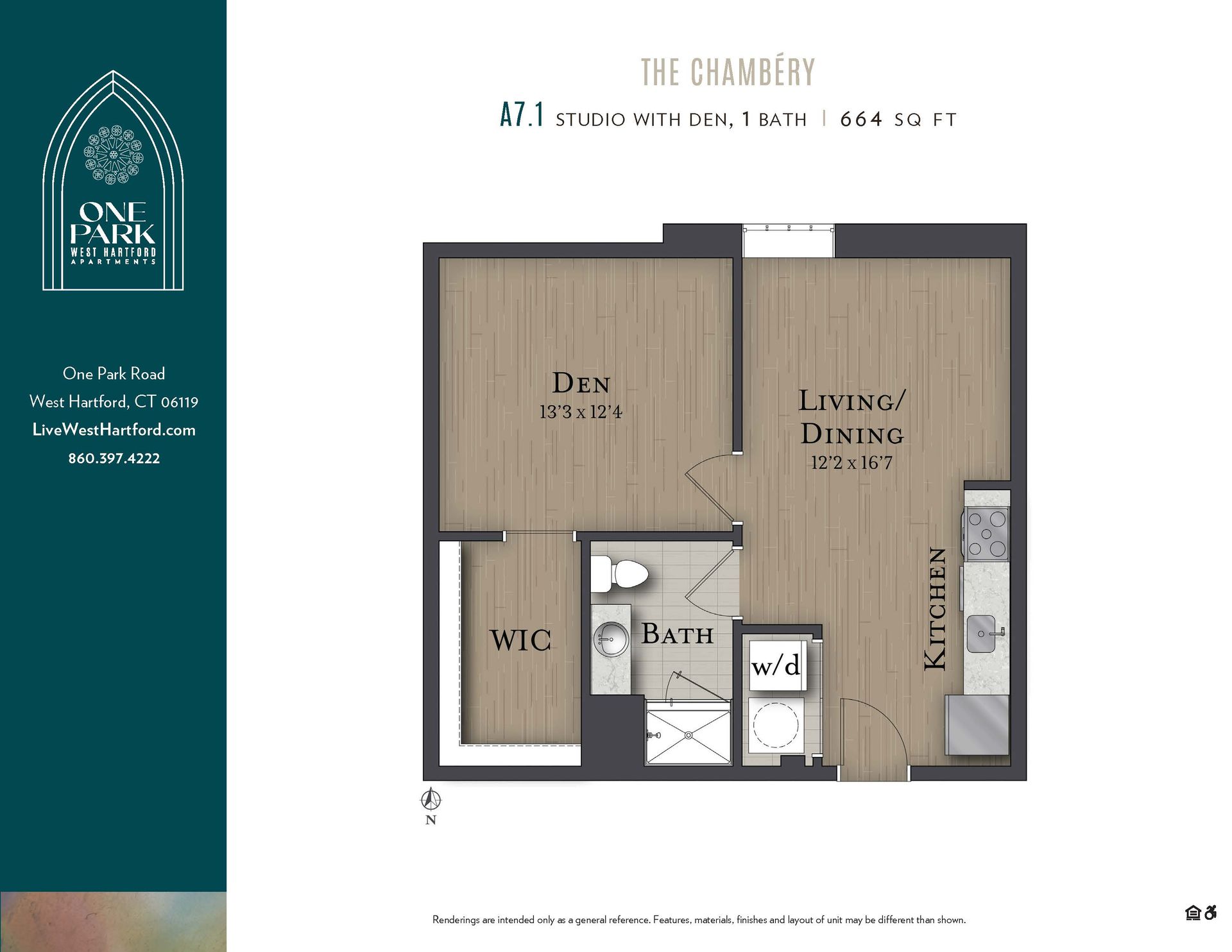 A floor plan of a small apartment called the chambery