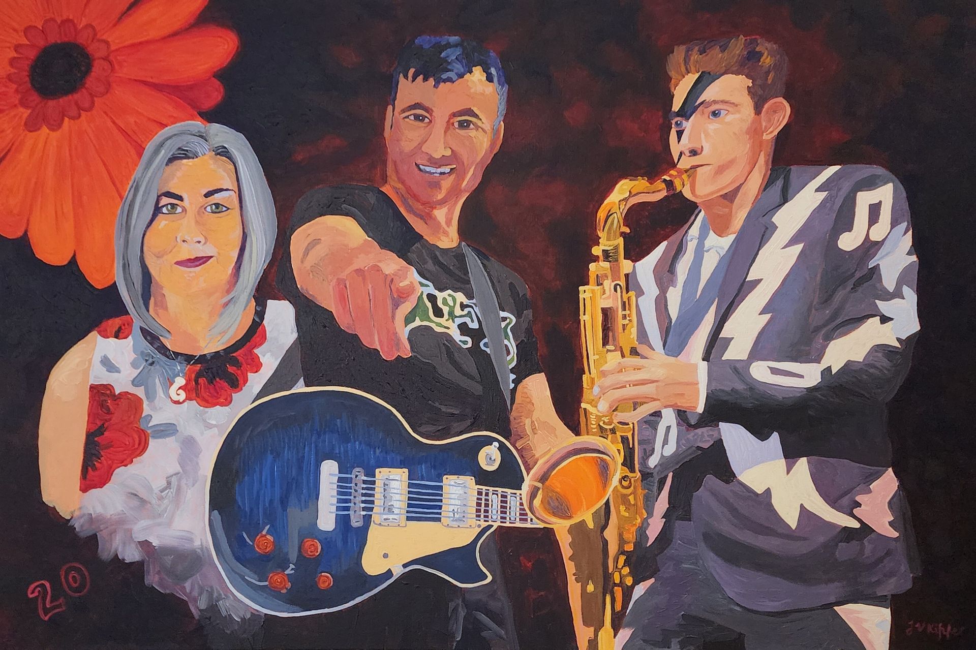 Stylized painting of two musicians and a woman, with a guitar, saxophone, and red flower backdrop