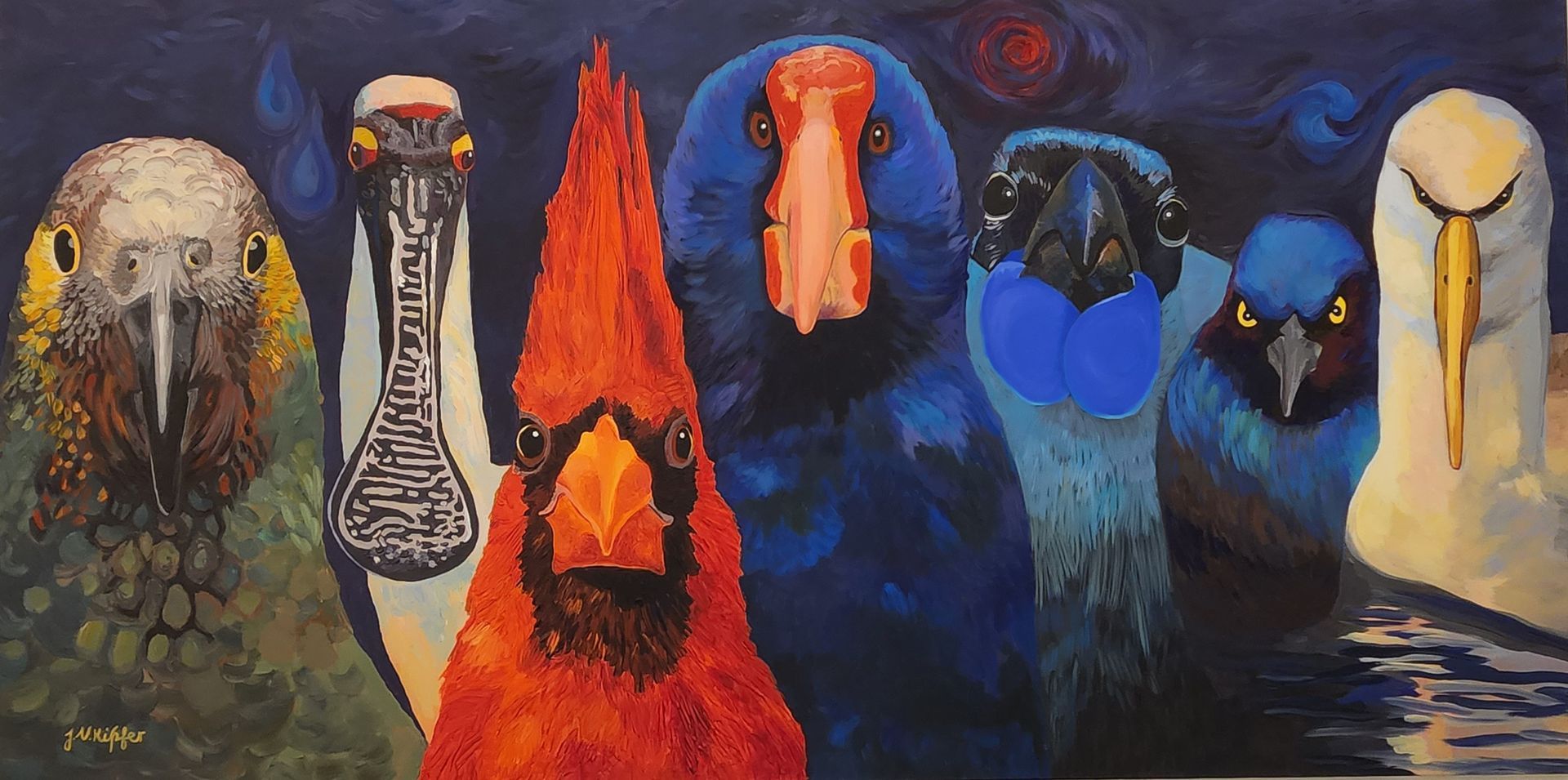 Abstract painting of seven colorful birds with beaks and bright faces against a dark blue background