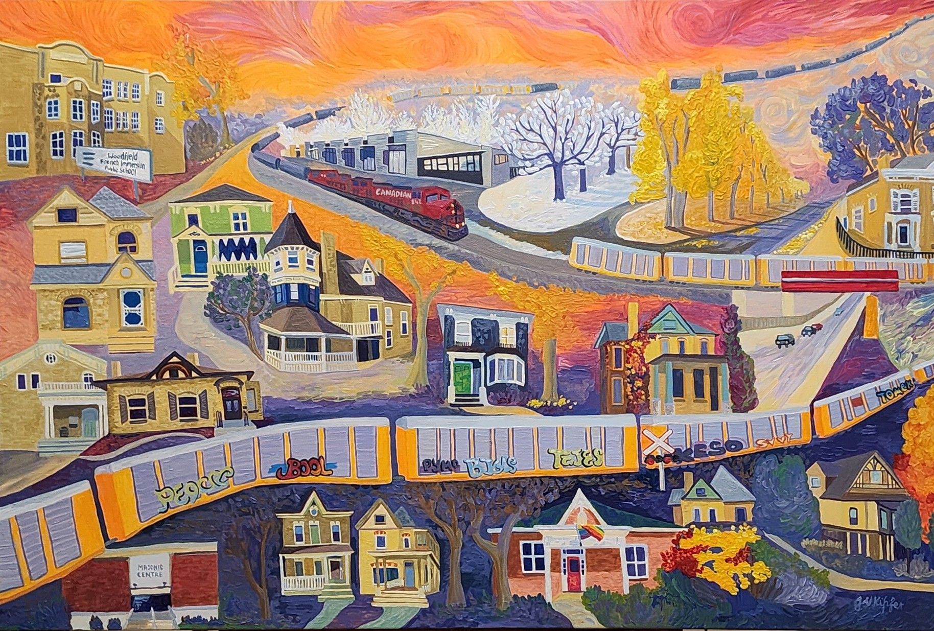 Colorful painting of a hillside neighborhood with houses, winding roads, trees, and a pink-orange sky