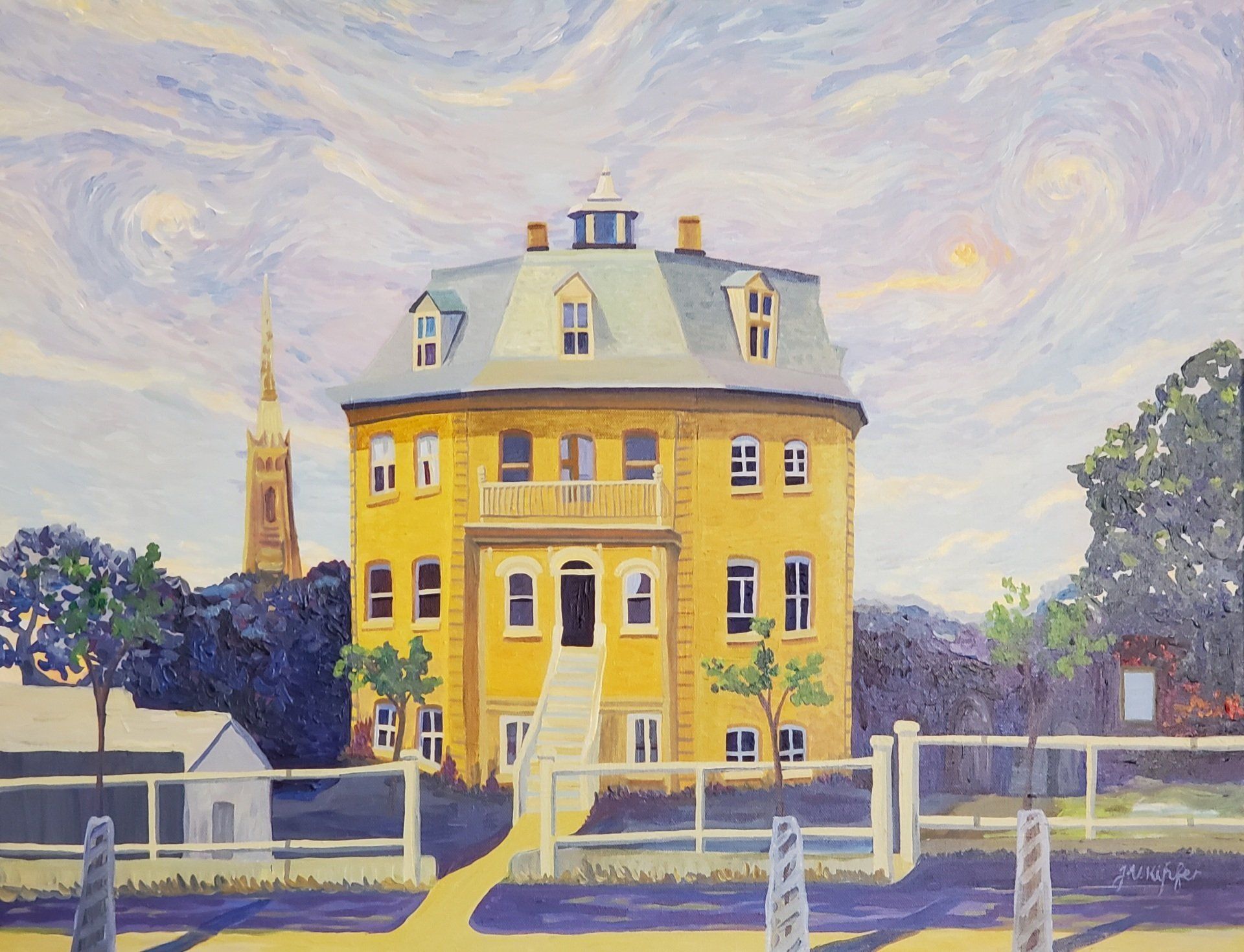 A painting of a Octagonal Mansard yellow house with a white fence in front of it