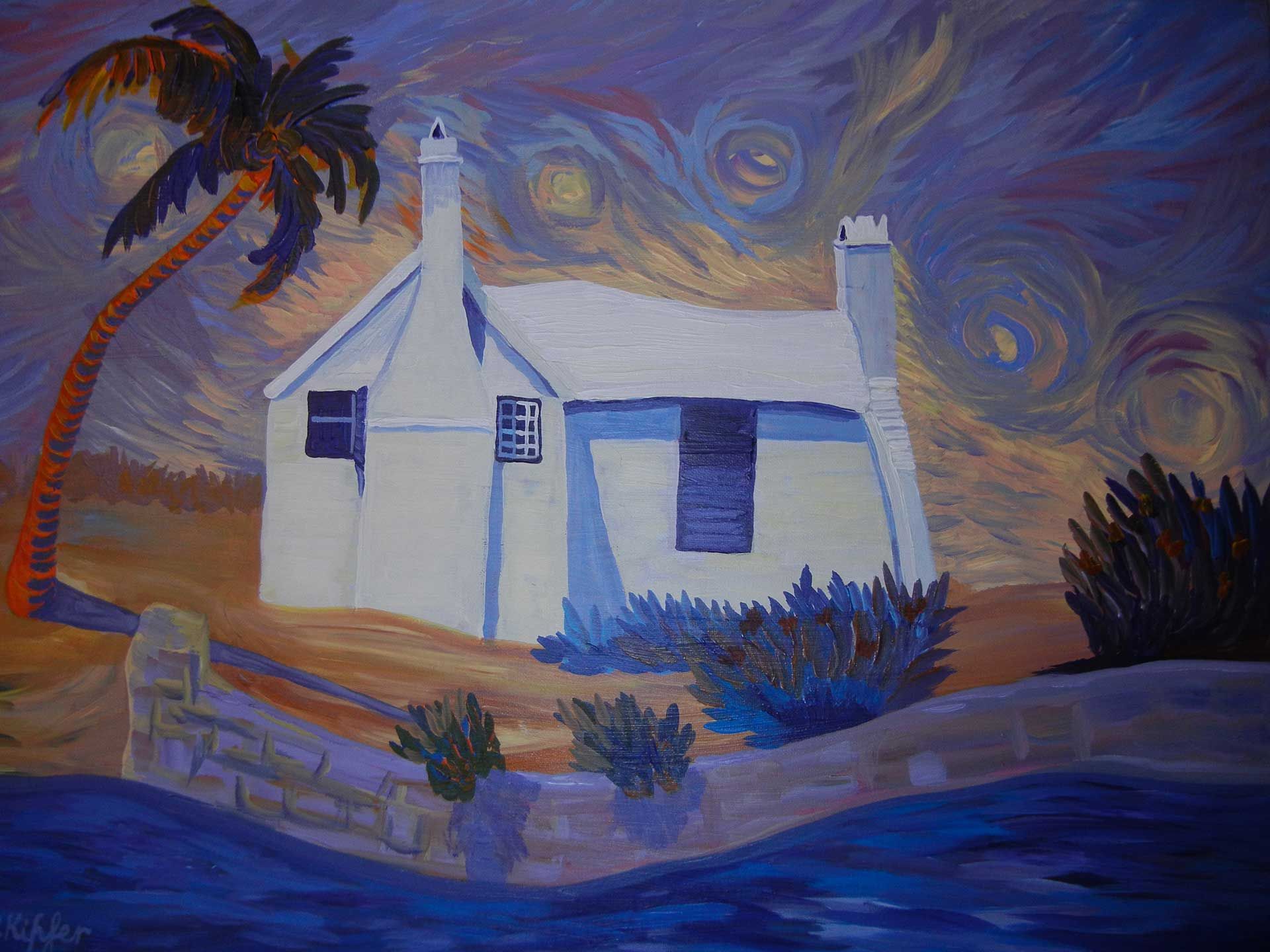 A painting of a white house with a palm tree in front of it.