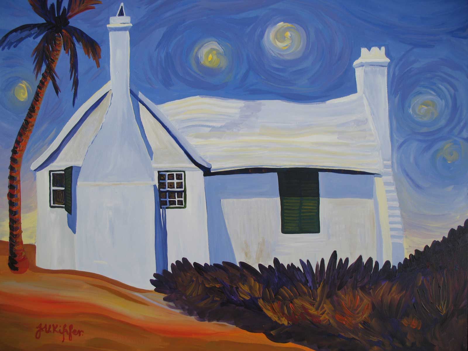 A painting of a white house with a palm tree in the foreground