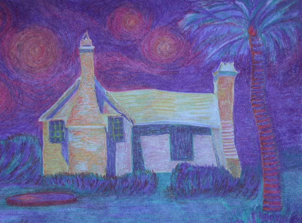 A painting of a house with a palm tree in front of it.