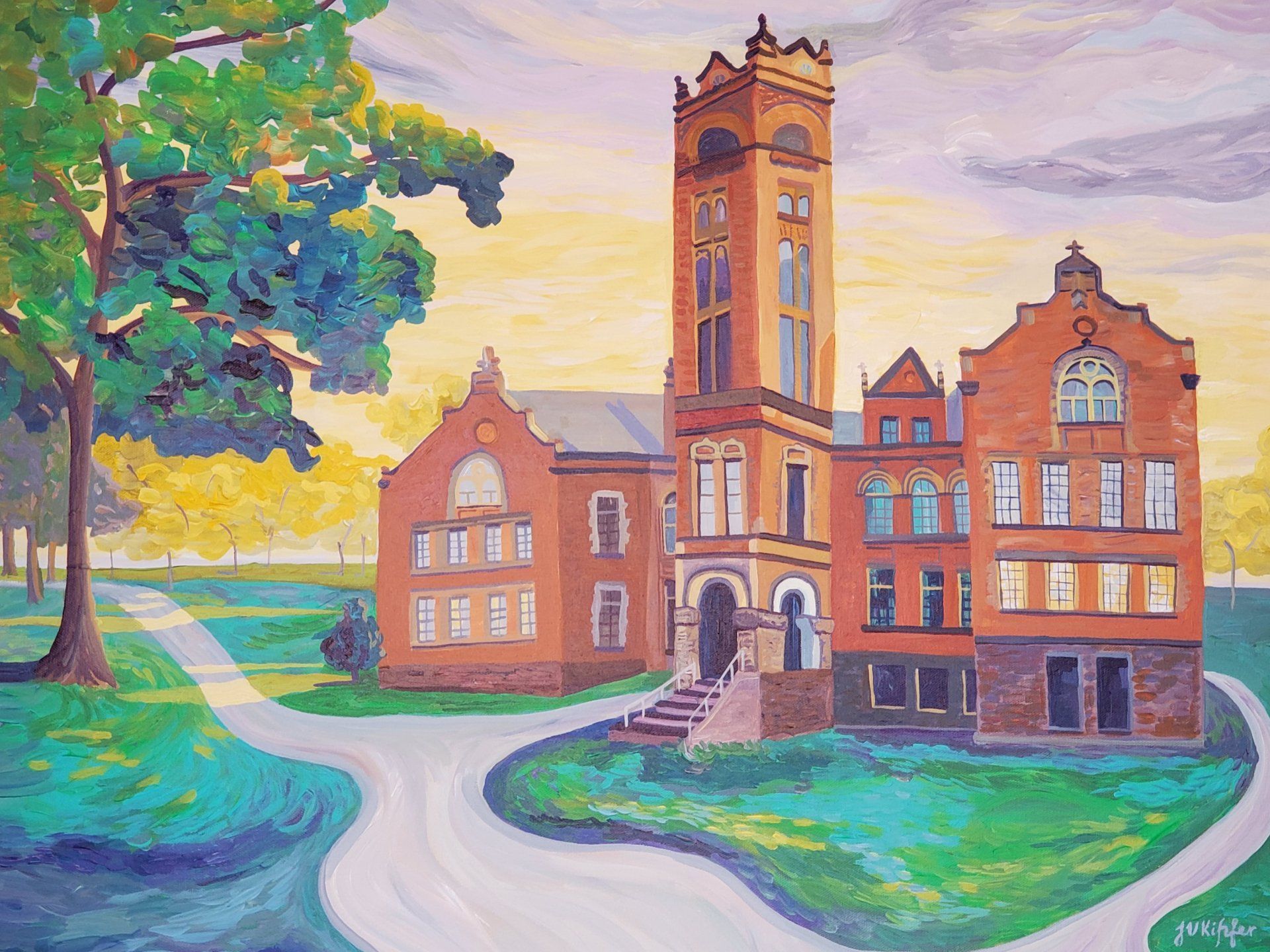 A painting of a large brick building, Monsignor Feeney, with a clock tower